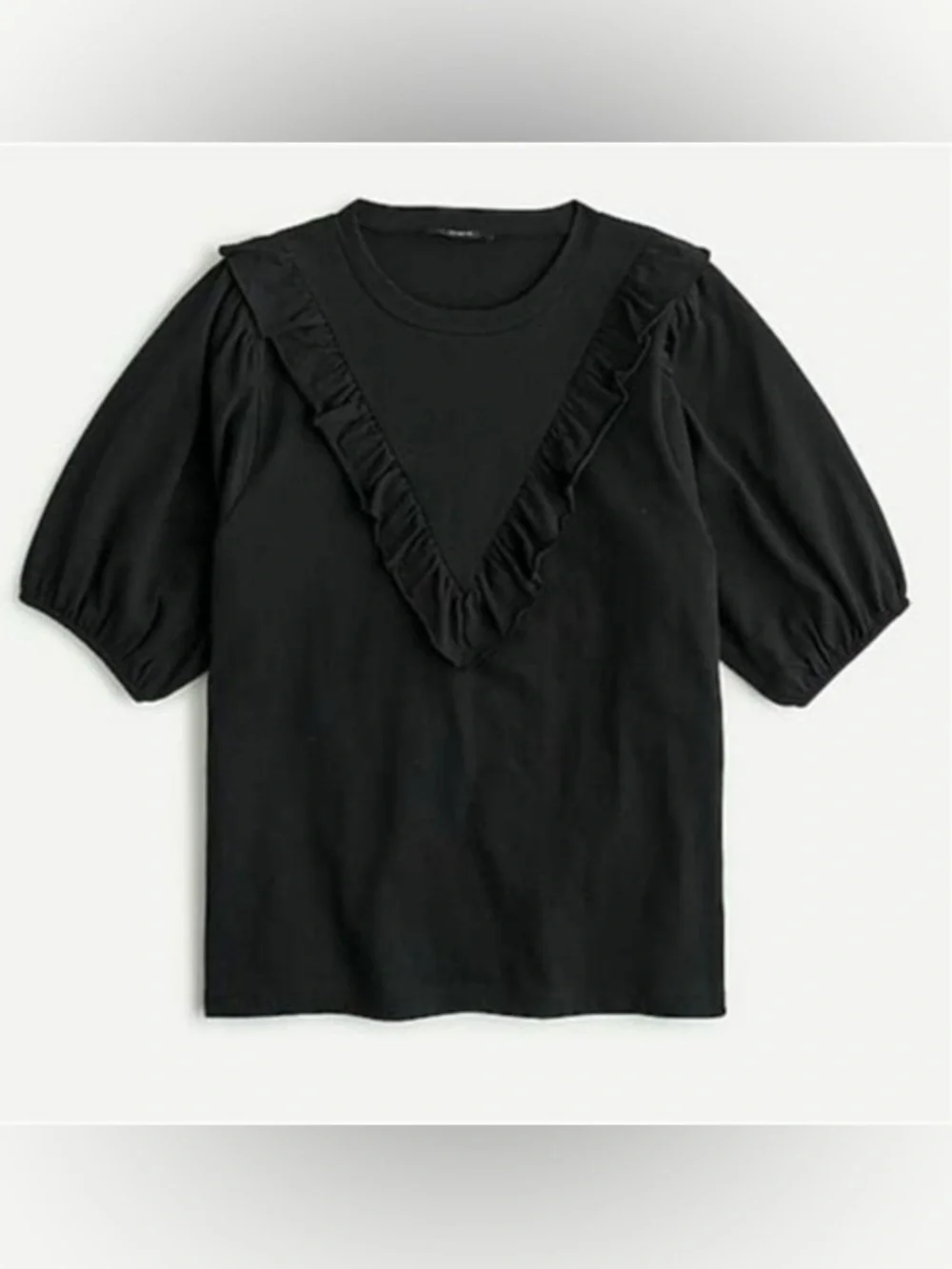 J. Crew Black Ruffled Bib Puff Sleeve Cotton Top